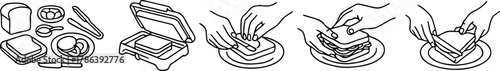 set of icons of stages of making homemade sandwiches for breakfast and lunch, icons for menus, social networks or recipes