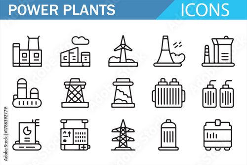 Power industry vector outline icons showing plants and turbines