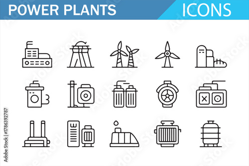 Energy system icon set with generators, towers, and transmission lines