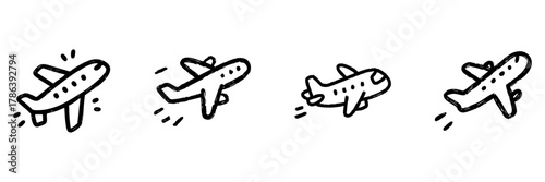 Airplane Line Icon Set In Doodle Style. Aviation, Travel, And Transportation Outline Sketch Collection. Hand Drawn Isolated Vector Illustration