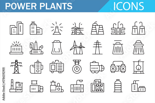 Power plant outline icons set with energy stations, turbines, and transformers