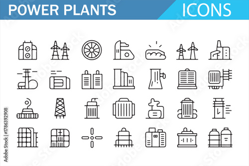 Collection of power plant linear icons showing energy stations, electric towers, generators, transformers, turbines, and industrial buildings in editable stroke outline style for renewable and nonrene