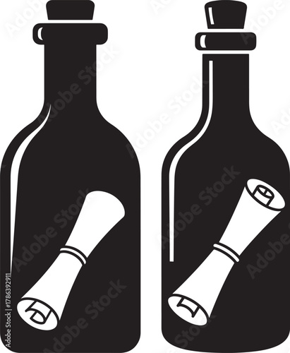 Two bottles with messages silhouette