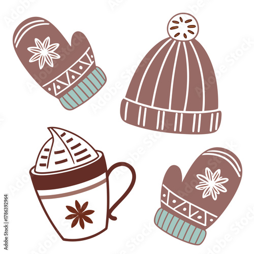 Cozy winter accessories like a hat and mittens with a hot chocolate drink, isolated on white background