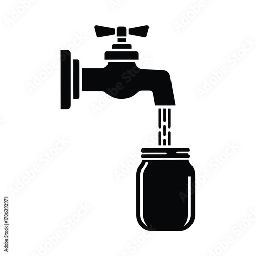 Black water tap filling glass jar with water faucet