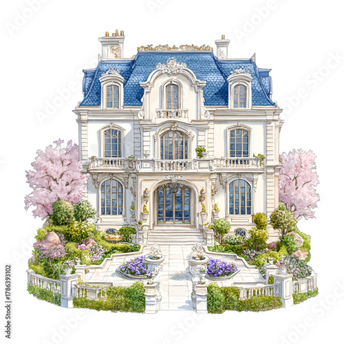 Watercolor Elegant French Country House Chateau Garden Vector Clipart

