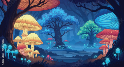 Enchanting bioluminescent forest wonderland brimming with giant glowing mushrooms and mystical trees under a starry night sky