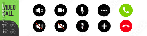 Set of Video call icons. Video conference. Collections buttons of on-line video chat app, internet talk, call technology. Web app ui display template. Videoconferencing and online meeting workspace
