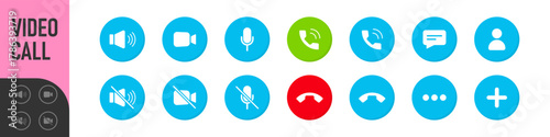 Set of Video call icons. Video conference. Collections buttons of on-line video chat app, internet talk, call technology. Web app ui display template. Videoconferencing and online meeting workspace