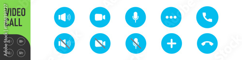 Set of Video call icons. Video conference. Collections buttons of on-line video chat app, internet talk, call technology. Web app ui display template. Videoconferencing and online meeting workspace