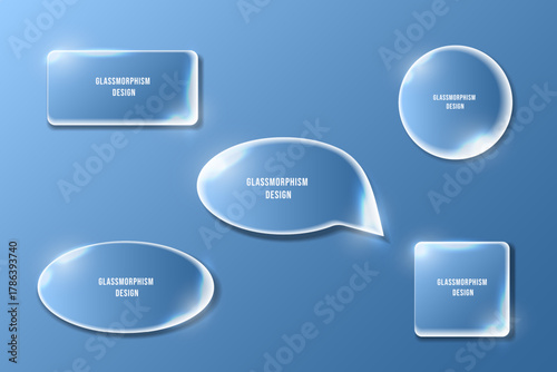 Glassmorphism shapes with smooth glossy edges on blue background. Modern glass UI elements rectangle, oval, circle, square and speech bubble design