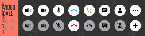 Set of Video call icons. Video conference. Collections buttons of on-line video chat app, internet talk, call technology. Web app ui display template. Videoconferencing and online meeting workspace