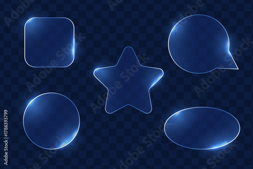 Glowing blue glassmorphism shapes with neon glossy edges on dark background. Modern UI elements in star, circle, square, oval and chat bubble styles
