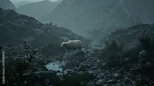 A lost sheep wanders alone in a misty valley, surrounded by rocks and thorns, symbolizing separation and despair.