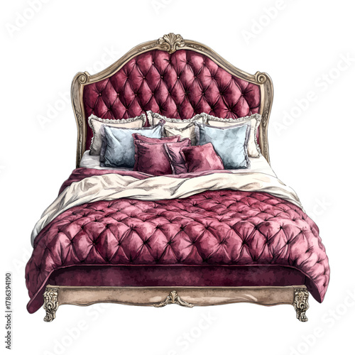 Watercolor Burgundy Gold Royal Bed with Tufted Headboard Vector Clipart
