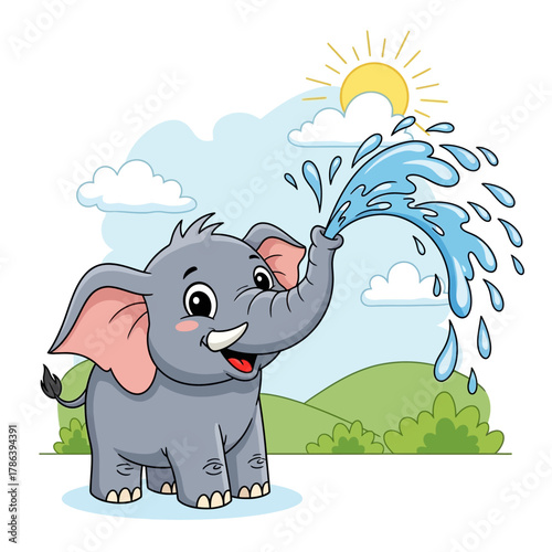 Joyful cartoon elephant playfully spraying water on a sunny summer day, a fun-loving story book character evoking carefree happiness.