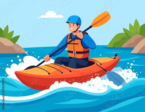 A man wearing a helmet and life vest paddles an orange kayak through blue water with green foliage in the background.