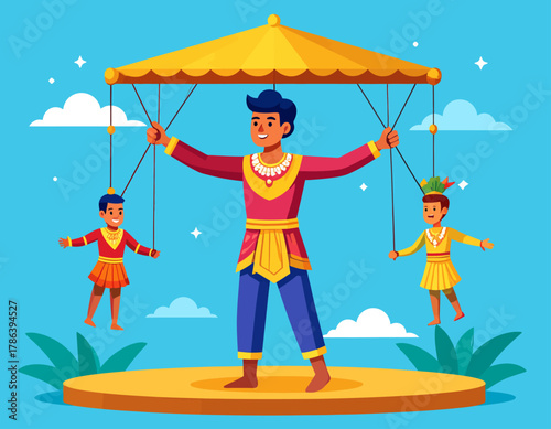 A man controls two puppet children on a stage with strings, under a yellow canopy, against a blue sky with clouds and stars.