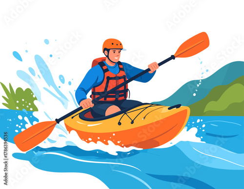 A man wearing a helmet and life jacket paddles an orange kayak through blue water, creating splashes, with green hills in the background.