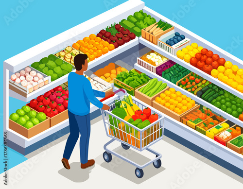 Man pushes a shopping cart full of vegetables and fruits in a supermarket aisle, surrounded by colorful produce displays.