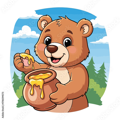 Delighted cartoon bear joyfully tasting sweet golden honey, a lovable story book character in a vibrant forest scene.