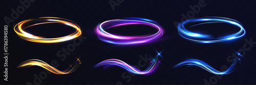 Vortex speed glowing light rings and flowing swirls set, vibrant energy trails, magic portal circles, luminous motion waves, futuristic neon glow effects on dark transparent background.
