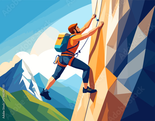 A man is depicted climbing a rock face with safety gear, set against a backdrop of mountains and a blue sky.