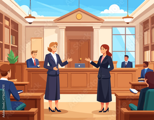 Two female lawyers arguing a case in a courtroom, with judges and other people present.