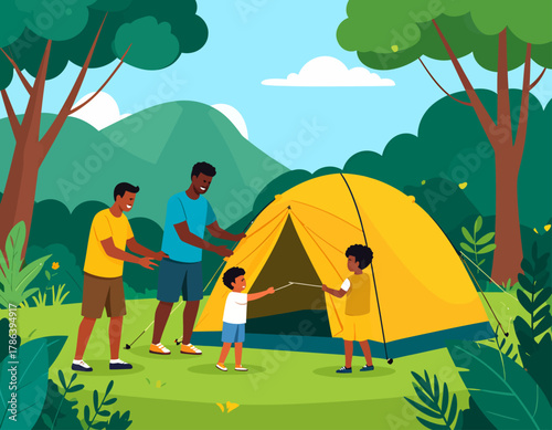 A family of four, including two parents and two children, setting up a yellow tent in a lush green forest with mountains in the background.