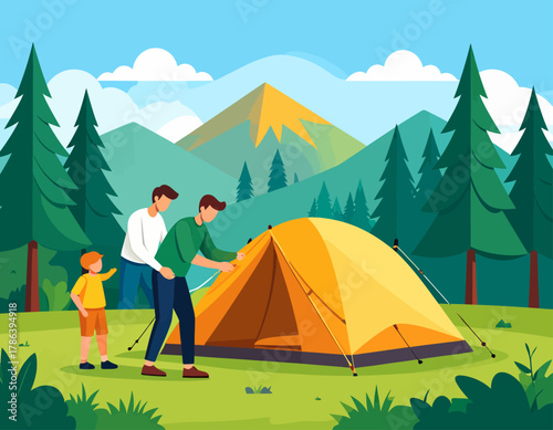 Two men and a child setting up a yellow tent in a grassy field surrounded by pine trees and mountains under a cloudy sky.