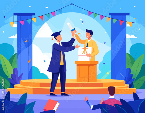 A graduate receives their diploma on stage during a graduation ceremony, with an audience member celebrating.