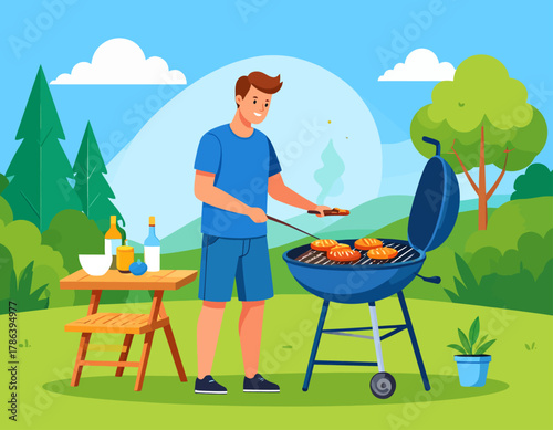 A man is grilling burgers on a blue barbecue in a park with trees, clouds, and a table with drinks.