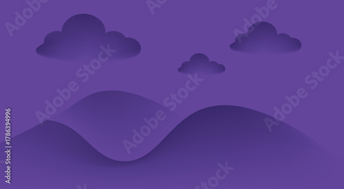 Purple mountain landscape with soft clouds, creating a serene and dreamy atmosphere with a monochromatic color scheme and a calming, peaceful environment