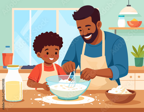 A father and son are happily baking together in a bright kitchen, mixing ingredients in a bowl with a whisk.