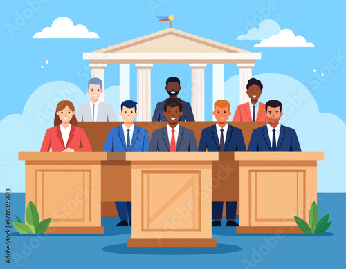 A diverse group of people are seated behind podiums in front of a classical building with columns, under a blue sky with fluffy white clouds.
