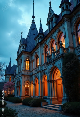 Gothic Revival Mansion with Pointed Arches Dramatic Facade Enchanting Architecture Gothic Details