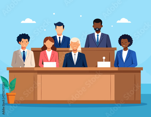 Illustration of a diverse panel of six people in professional attire seated behind a wooden desk, with microphones, against a light blue background.