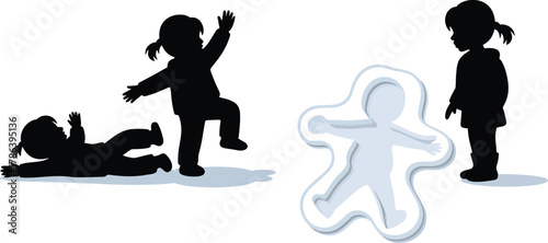 Young children playing snow angel game outdoors happy winter activity silhouettes toddlers enjoying cold weather vector drawing