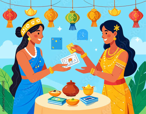 Two women in traditional attire exchange cards over a table with offerings, under hanging lanterns, in a vibrant cultural celebration.