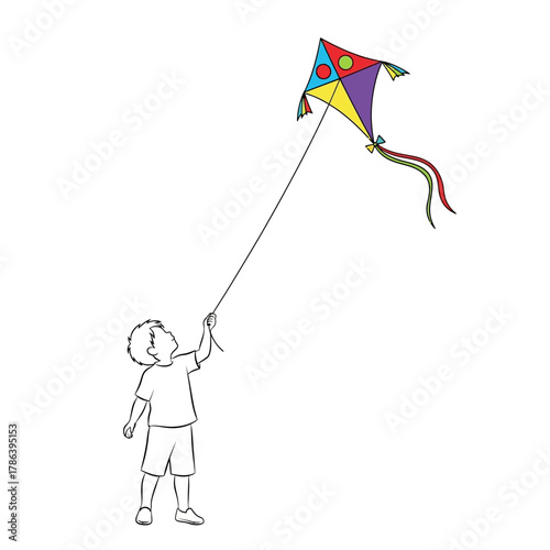 Joyful child flying a colorful kite high in the sky, a carefree story book character embodying freedom and fun.