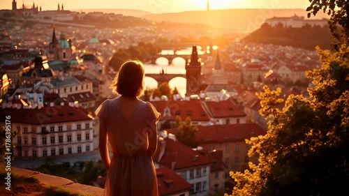 Prague, Czech Republic, Europe. A woman stands atop a hill overlooking a sprawling cityscape during sunset. The cityscape is bathed in the warm hues of the setting sun.