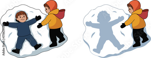 Children making snow angels in winter snow field during outdoor cold season activity vector illustration