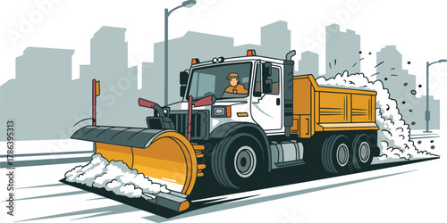 Large heavy duty dump truck equipped with snow plow clearing road winter blizzard maintenance vehicle flat illustration