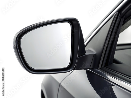 Car side mirror with glossy black housing and reflective surface, cutout, PNG isolated on transparent background