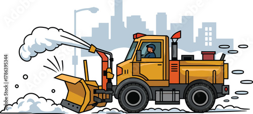 Municipal yellow snow removal machine clearing street during blizzard winter weather equipment worker vehicle flat illustration