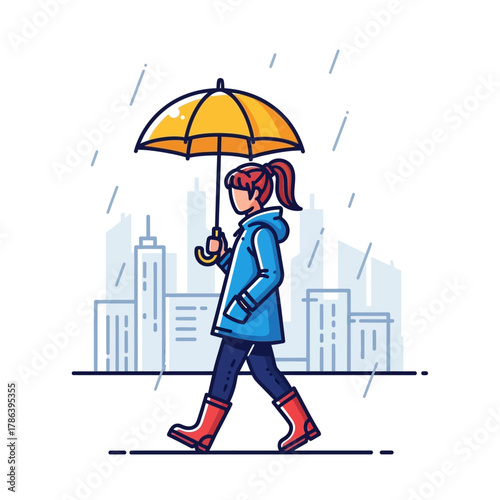 Vibrant woman with yellow umbrella braving city rain, a stylish story book character depicting resilience.