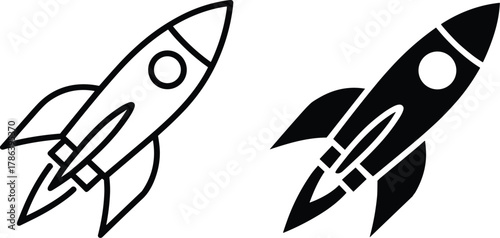 Rocket launch icon set in outline and solid styles for space exploration.