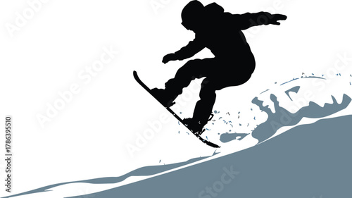 Silhouette of snowboarder jumping high off snowy ramp performing freestyle stunt vector illustration design element.