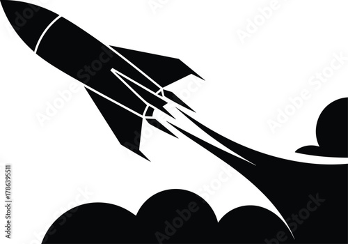 Rocket launching into space with trail, black silhouette on white background