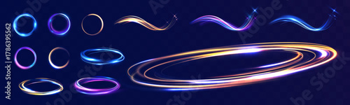 Vortex speed glowing light rings and flowing swirls set, vibrant energy trails, magic portal circles, luminous motion waves, futuristic neon glow effects on dark transparent background.
